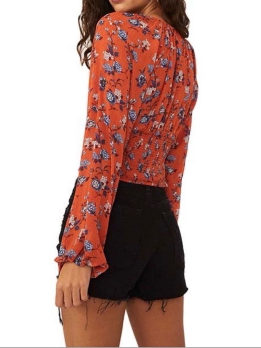 Free People Boho Ruched Front Smocked Back Long Sleeve Blouse, Rust Floral - Picture 4 of 11